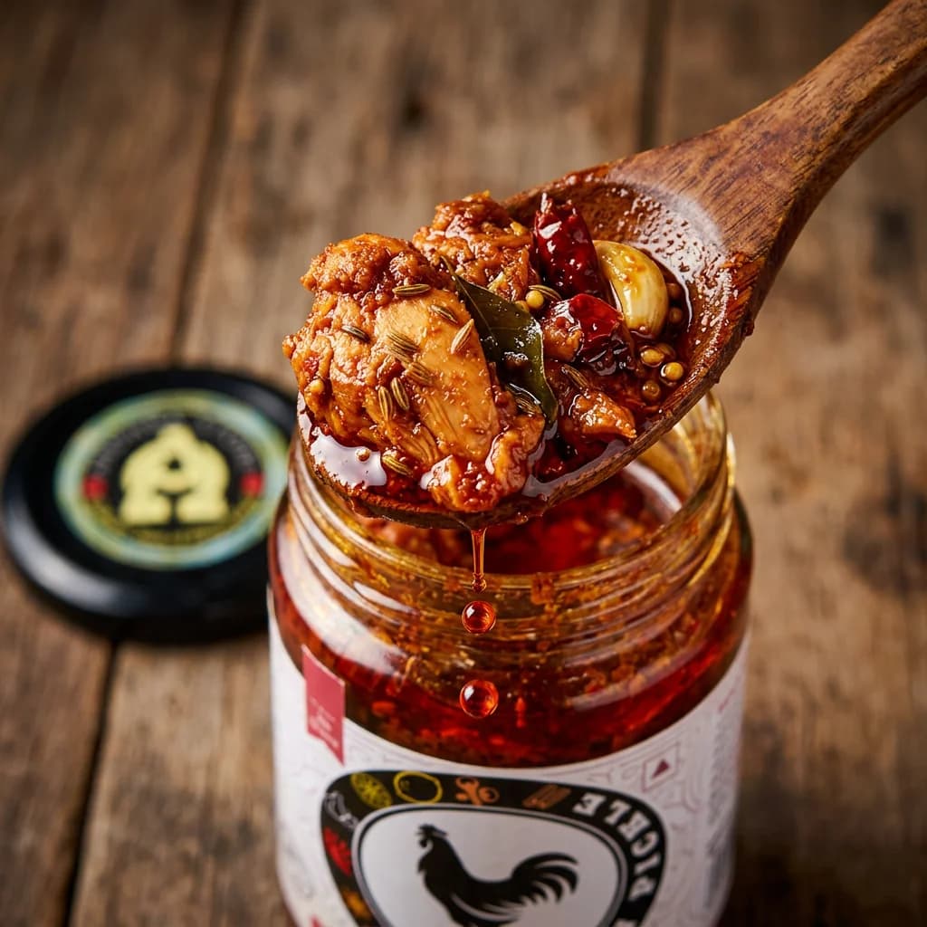 Chicken Pickle — close-up of spiced oil and pickle pieces on wooden spoon