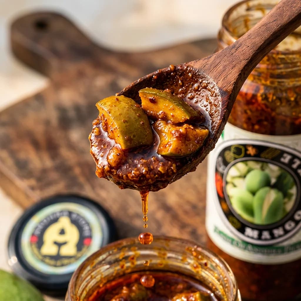 Mango Pickle — close-up of spiced oil and pickle pieces on wooden spoon