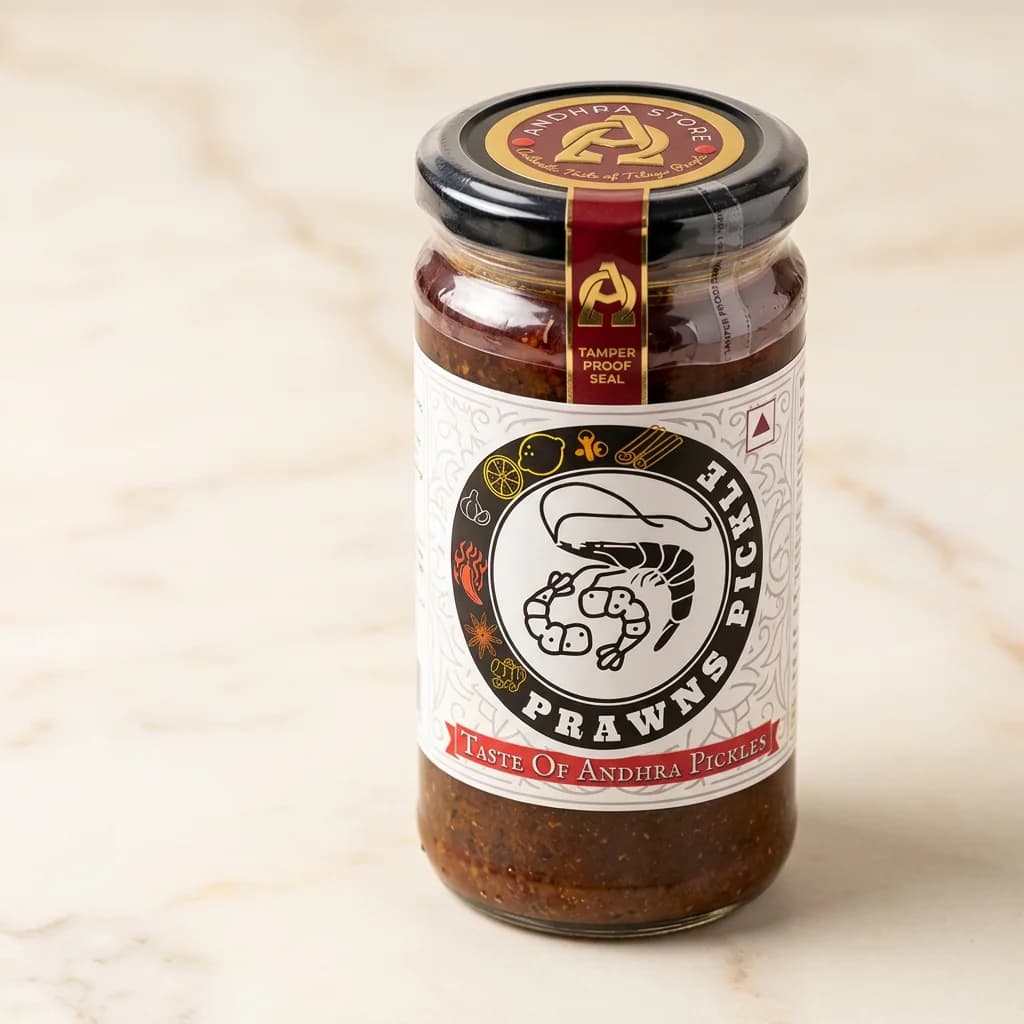 Prawn Pickle — Andhra Store sealed glass jar on white background, hygienically packed