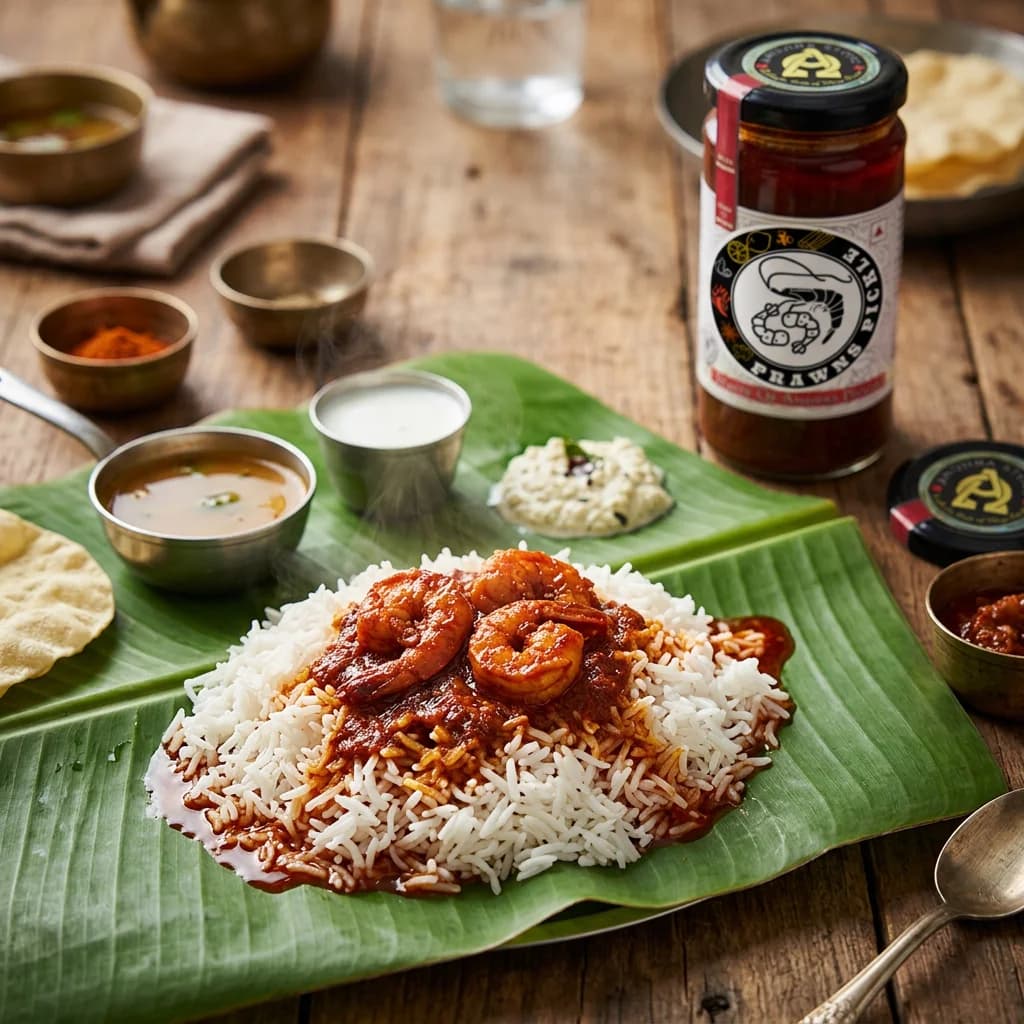 Andhra prawns pickle served with rice